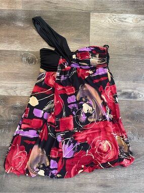 Rhapsody Black One-Shoulder Mini Dress with Red, Purple & Gold Floral Print 3